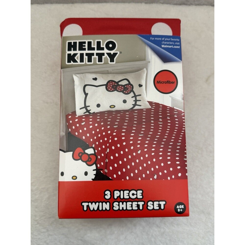 Hello Kitty 3 Piece Twin Bedding Sheet Set Red White Microfiber